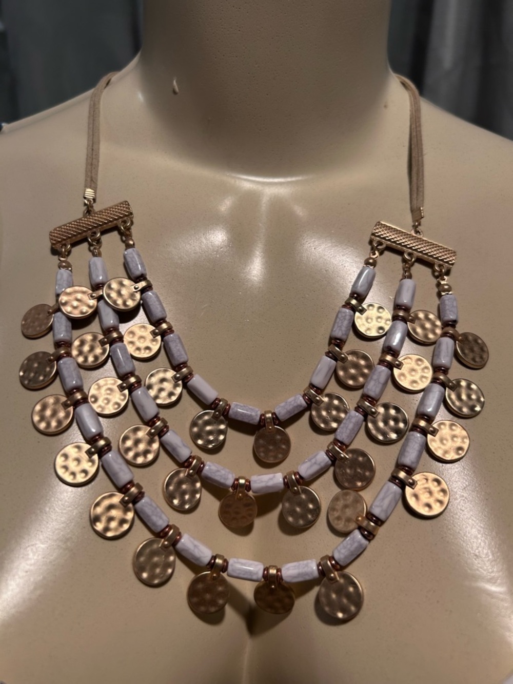 Boho Multi Strand Necklace Set White Bead Hammered Gold Disc + Earrings